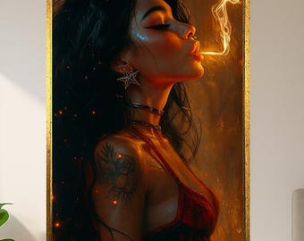 Tattooed Woman Smoking Wall Art Print - Dark Aesthetic Female Portrait Poster - Fiery Fantasy Girl Canvas - Edgy Alternative Decor