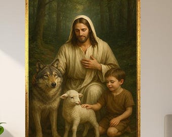 Jesus With Child Wolf And Lamb Wall Art Print - Christian Forest Poster - Religious Peace Scene - Catholic Home Decor Canvas