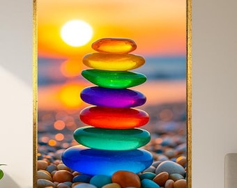 Colorful Chakra Stones At Sunset Digital Art Zen Balance Meditation Wall Poster Rainbow Energy Print For Yoga Studio And Spiritual Decor