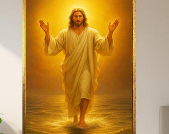 Jesus Walking On Water Digital Christian Art Glorious Light Religious Wall Print Faith Hope Miracle Scene Poster For Spiritual Home Decor