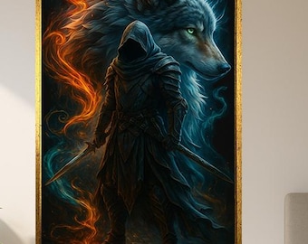 Shadow Warrior and Wolf Wall Art – Dual Blade Hero Fantasy Digital Painting – Fire and Ice Guardian Poster for RPG Decor Lovers