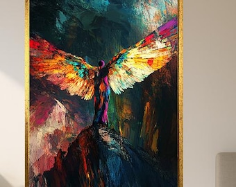 Colorful Angel Wings Wall Art – Abstract Fantasy Figure with Wings on Cliff – Spiritual Surreal Canvas Print for Home Decor