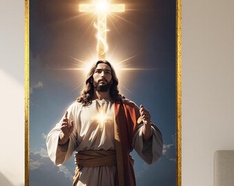 Jesus Christ Spiritual Wall Art - Glowing Cross Religious Artwork - Christian Gift for Believers - Faith-Based Divine Poster Print