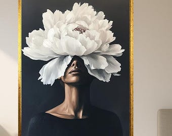 Elegant Woman With White Flower Head Art Print – Modern Minimalist Feminine Portrait Wall Decor In Neutral Black And White Tones