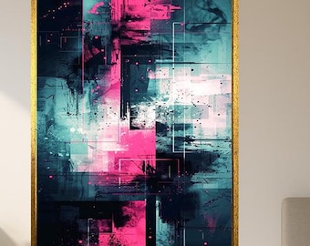 Neon Abstract Geometric Wall Art – Cyberpunk-Inspired Pink and Teal Digital Painting – Modern Urban Poster for Bold Room Aesthetic