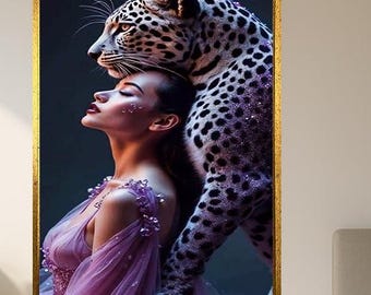 Elegant Woman and Leopard Wall Art – Beauty and Wild Power Digital Painting – Feminine Fantasy Poster for Fashion and Nature Decor