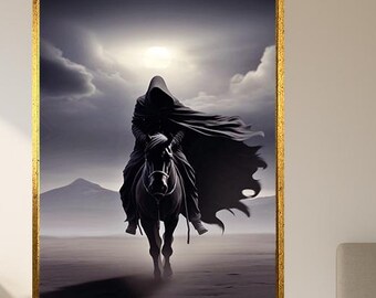 Dark Rider Moonlight Wall Art – Mysterious Cloaked Horseman Digital Painting – Gothic Fantasy Poster for Dark Themed Decor