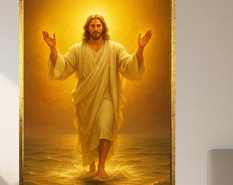 Jesus Walking On Water Digital Art Golden Light Miracle Scene Poster Christian Wall Print For Prayer Room Church Or Faith Home Decor