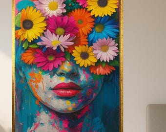 Colorful Flower Covered Face Portrait – Vibrant Abstract Woman Art Print With Daisies and Bold Brush Strokes For Modern Wall Decor