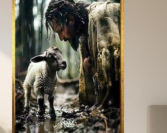 Jesus with Lamb in Rain Wall Art – Spiritual Compassion and Protection Digital Painting – Christian Symbol of Mercy for Faithful Decor