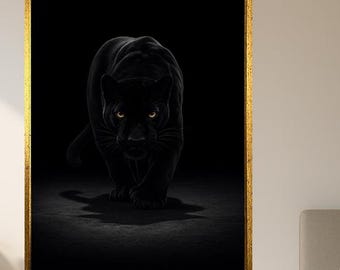 Stealth Black Panther Wall Art – Dark Jungle Cat with Amber Eyes – Minimalist Digital Painting for Bold and Modern Home Decor