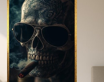 Tattooed Skull With Cigar Digital Art Dark Gothic Rebel Poster Edgy Smoking Skeleton Wall Print For Alternative Room Or Rock Style Decor