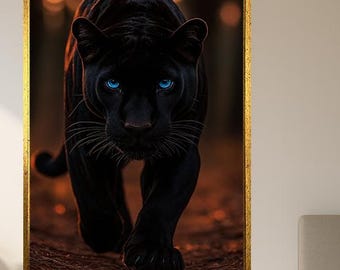 Black Panther Walking Wall Art – Intense Blue Eyes Jungle Cat – Dark Forest Digital Painting for Bold Wildlife Home Decor