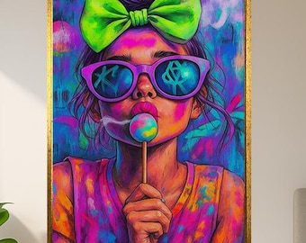 Neon Girl With Lollipop Wall Art Print - Colorful Pop Art Portrait Poster - Vibrant Street Style Canvas - Funky Urban Room Decor