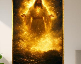 Jesus Glowing In Divine Fire Digital Art Radiant Light Savior Poster Christian Power Wall Print For Church Prayer Room Or Faith Home Decor