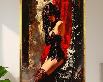 Seductive Woman in Black Lace Lingerie Canvas Wall Art with Red Backdrop for Gothic Glamour or Erotic Bedroom Decor Statement Piece