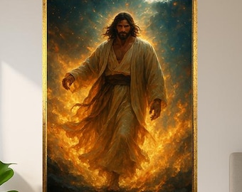 Jesus Walking Through Fire Digital Art Powerful Christian Poster Divine Strength Savior Wall Print For Church Prayer Room Or Faith Decor