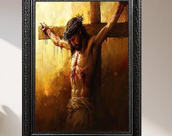 Crucifixion of Jesus Christ Canvas Wall Art – Dramatic Christian Painting Depicting Faith and Sacrifice – Spiritual Biblical Home Decor