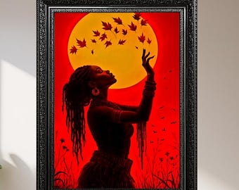 African Woman Wall Art Print – Silhouette Portrait with Autumn Leaves and Full Moon, Red Sunset Ethnic Tribal Digital Home Decor