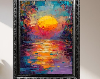 Vibrant Abstract Sunset Over Lake Wall Art – Colorful Impressionist Nature Canvas Painting – Textured Modern Landscape Print for Home Decor