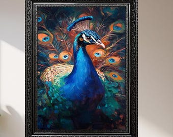 Majestic Peacock Bird Canvas Wall Art – Bold and Colorful Feather Painting – Exotic Wildlife Artwork for Elegant Nature Themed Home Decor
