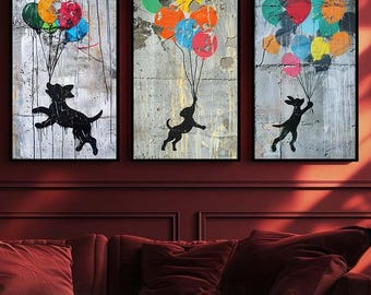 Flying Dog Street Art Canvas Wall Art Set of 3, Colorful Balloon Silhouette Dog Prints, Urban Pop Art Style Decor for Modern Interiors