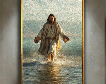 Jesus Walking on Water Oil Painting Style Canvas, Christian Religious Wall Art of Faith and Miracles, Spiritual God Inspired Home Decor Gift