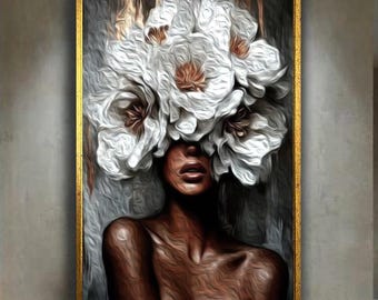 Floral Woman Oil Painting Style Canvas, Elegant Black Beauty with White Flowers Wall Art, Modern Afro Chic Botanical Home Decor Print
