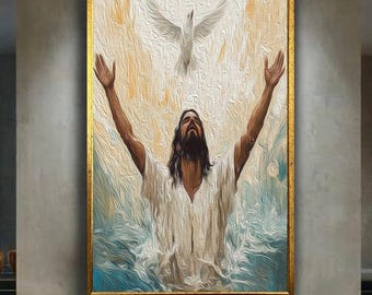 Jesus Baptism with Holy Spirit Dove Canvas Wall Art in Expressive Brushstroke Style for Christian Home Prayer Room or Faith Inspired Decor