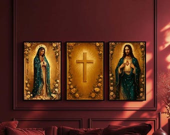 Christian Canvas Wall Art Set of 3, Jesus Christ Sacred Heart, Virgin Mary and Cross Religious Wall Decor
