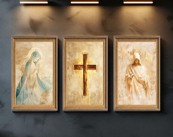 Christian Wall Art Set of 3 – Jesus Mary and Cross Canvas Prints – Religious Spiritual Triptych for Faithful Christian Home Decor
