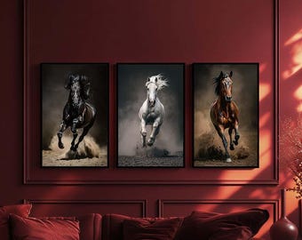 Running Horse Wall Art Set of 3 – Powerful Black White Brown Horses Canvas Prints – Dynamic Animal Decor for Living Room or Office