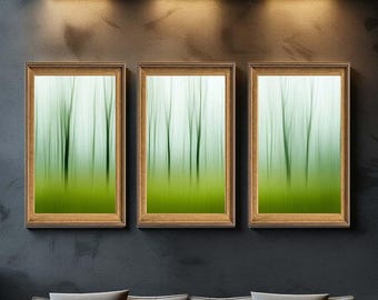 Modern Green Gradient Forest Wall Art 3-Piece Set – Minimalist Nature-Themed Canvas Prints – Botanical Triple Painting for Living Room