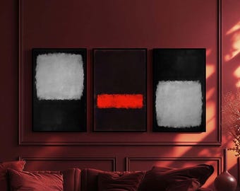 Set of 3 Mark Rothko Art Black White and Red Abstract Canvas Wall Art  – Minimalist Modern Prints for Living Room or Office Decor