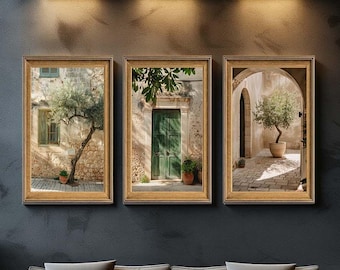 Mediterranean Wall Art Canvas Set of 3, Rustic Olive Tree and Green Door Prints, Warm Neutral European Street Scene for Home Decor
