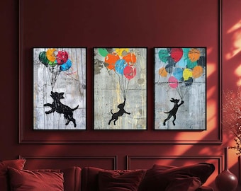 Flying Dog Street Art Canvas Wall Art Set of 3, Colorful Balloon Silhouette Dog Prints, Urban Pop Art Style Decor for Modern Interiors