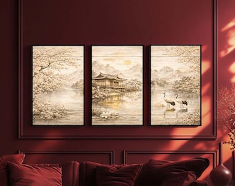 Japanese Zen Landscape Triptych Canvas Wall Art, Minimalist Asian Nature Scene with Cranes and Pagoda Print Set