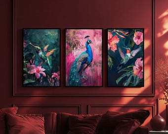 Tropical Birds Canvas Wall Art Set of 3, Colorful Peacock and Hummingbird Prints, Exotic Floral Jungle Gallery Wall Decor for Living Room