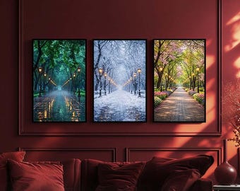 Four Seasons Park Pathway Wall Art 3-Piece Set – Spring, Winter, and Rainy Day Landscape Canvas Prints – Triple Painting for Home or Office