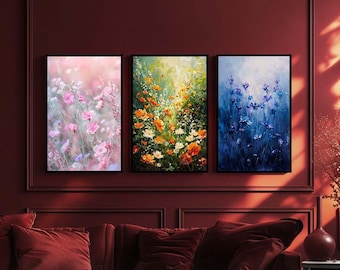 Floral Canvas Wall Art Set of 3, Colorful Wildflowers in Pink Yellow and Blue, Botanical Nature Prints for Romantic and Modern Decor