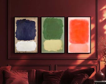 Set of 3 Mark Rothko Art - Bold Minimalist Prints in Blue, Green, and Red – Modern Triptych for Home or Office