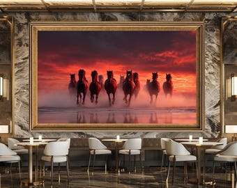 Running Horses at Sunset Canvas Wall Art Wild Mustangs Galloping Through Dust with Fiery Red Sky Print for Western or Rustic Decor