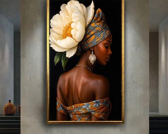 African Woman with Flower Headwrap Canvas Art – Elegant Portrait in Floral Fabric and Bold Colors, Modern Feminine Wall Décor for Home
