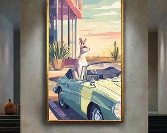 Retro Bunny Car Wall Art Print – Funny Animal Driving Vintage Convertible Canvas – Pop Art Rabbit Poster – Modern Whimsical Decor
