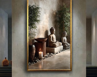Buddha Zen Meditation Canvas Print – Serene Wall Art with Bamboo, Stones and Candlelight for Spa Room, Yoga Studio or Tranquil Home Decor