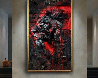 Lion Graffiti Street Art Canvas Wall Decor, Red and Black Urban Jungle Animal Print, Bold Modern Wall Artwork for Powerful Home Design
