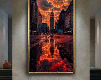 Empire State Building Canvas Wall Art with Fiery Sunset Reflection – Dramatic New York City Skyline Print for Modern Urban Decor