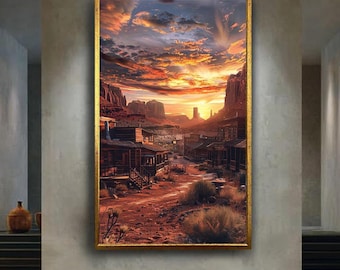 Old Western Town Sunset Canvas Wall Art – Desert Frontier Landscape with Wooden Buildings and Dramatic Sky