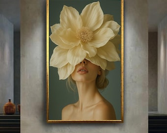 Minimal Floral Woman Portrait Wall Art | Cream Flower Face Aesthetic Canvas | Soft Feminine Modern Art Print for Elegant Home Decor