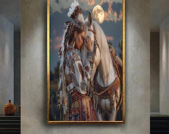Spiritual Woman and White Horse Wall Art Moonlit Native Style Canvas Print Sacred Bond Poster for Boho or Nature Inspired Decor Gift